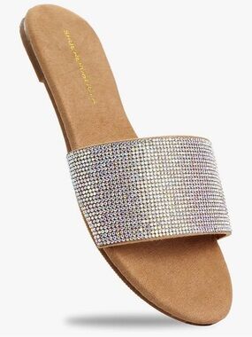 Shoe Republic LA Flat Rhinestone Flip Flops Slide on Sandals